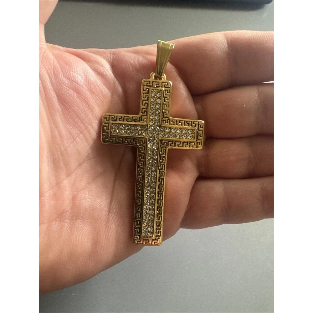 Cross Pendant Cubic Zirconia 24” Chain Gold Plated Religious Faith Gift Unisex